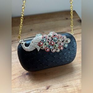 Peacock Rhinestone Evening Wedding Prom Cocktail Party Faux Leather Black Clutch
